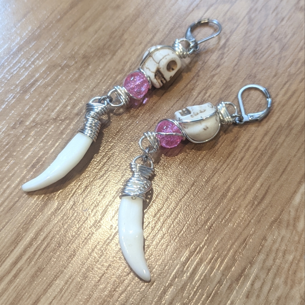 FINAL PRICE Coyote Fang Pink Glass Skull Howlite Stainless Steel Earrings